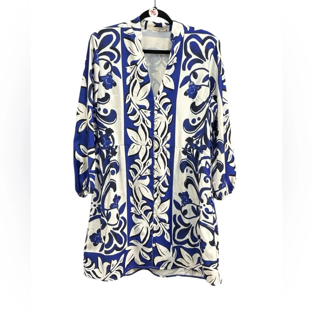 Anthropologie Sunday Up Blue White Shirt Dress Mini Medium - Picture 2 of 5